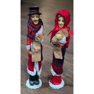 Victorian Christmas Caroler man and woman Figurine 13.5 Resin Fabric Collectible
